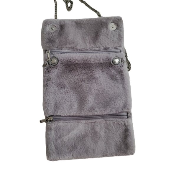 Faux Fur Fold-Over Snap Clasp Silver Tone Chain Gray Clutch Bag By Target - Picture 6 of 15